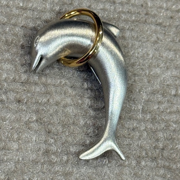 Vintage Silver and Gold Tone LR Dolphin Jump Gold Ring Hoop Brooch Pin - Picture 1 of 4